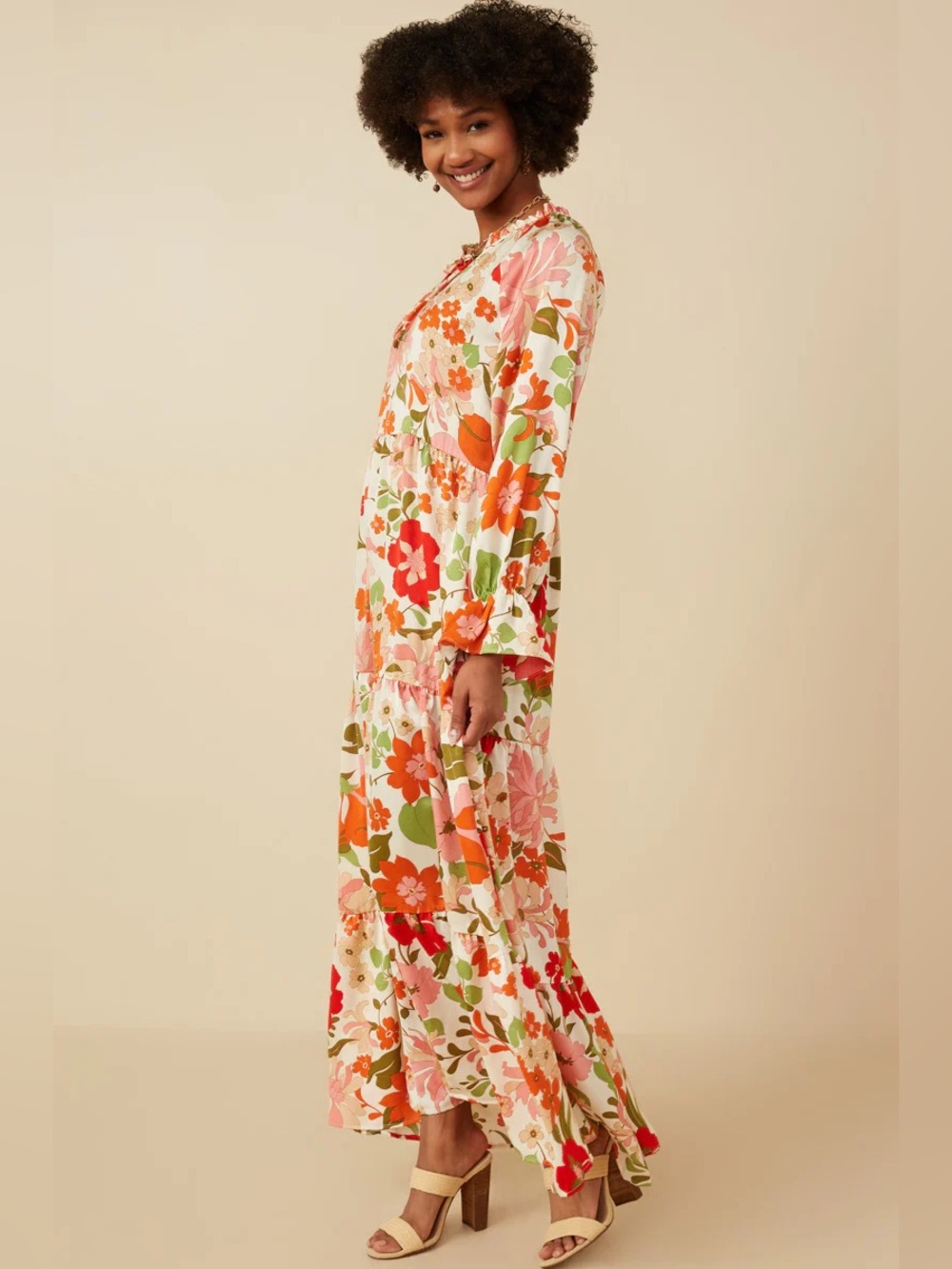 Hayden LA Satin Floral Tie Neck Tiered Maxi Dress - Picture 13 of 14